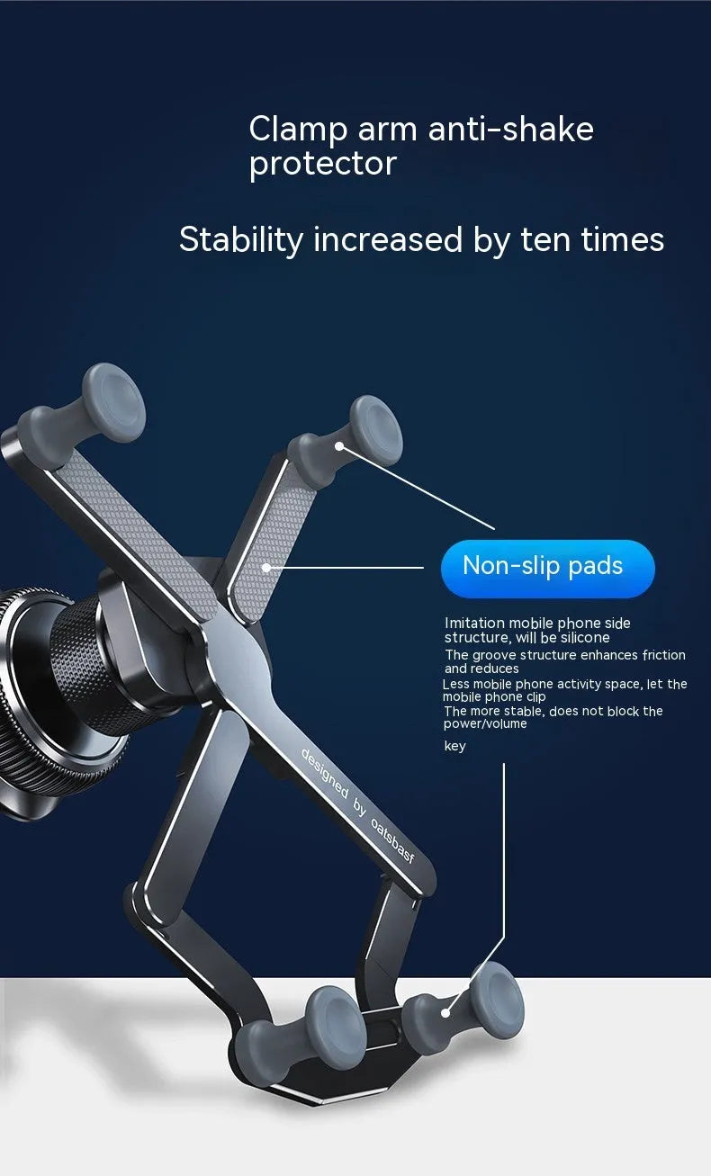 Aluminium alloy snap-on car phone holder shown in black, mounted on a car air vent.