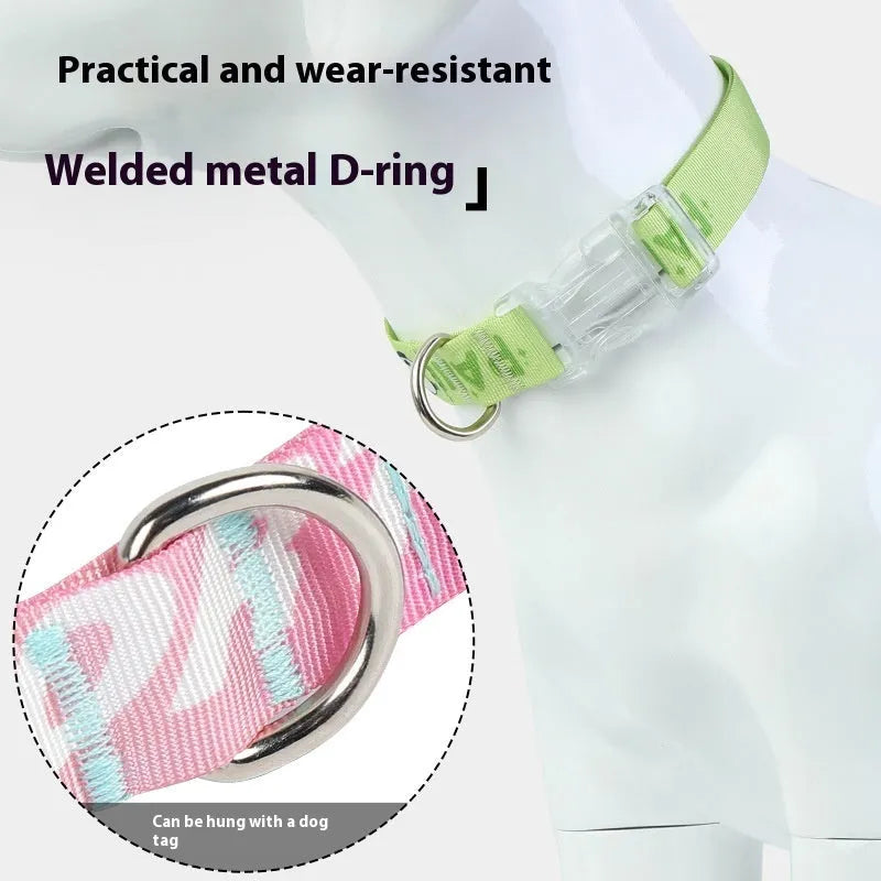 Adjustable nylon dog collar with cartoon gradient print and plastic buckle on a white background.