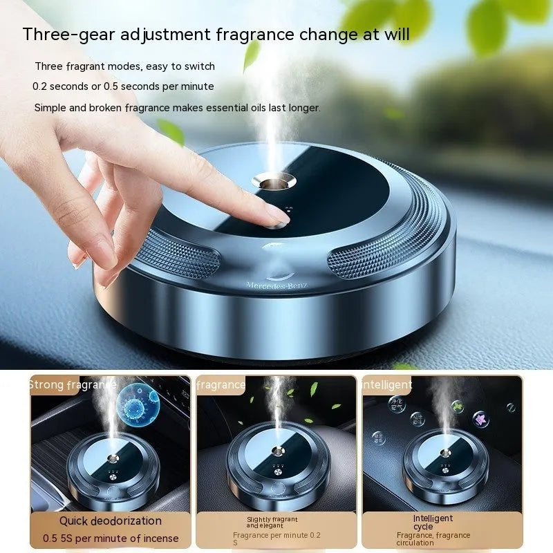 Automatic car air freshener diffuser with metal and zinc alloy build on anti-slip pad.