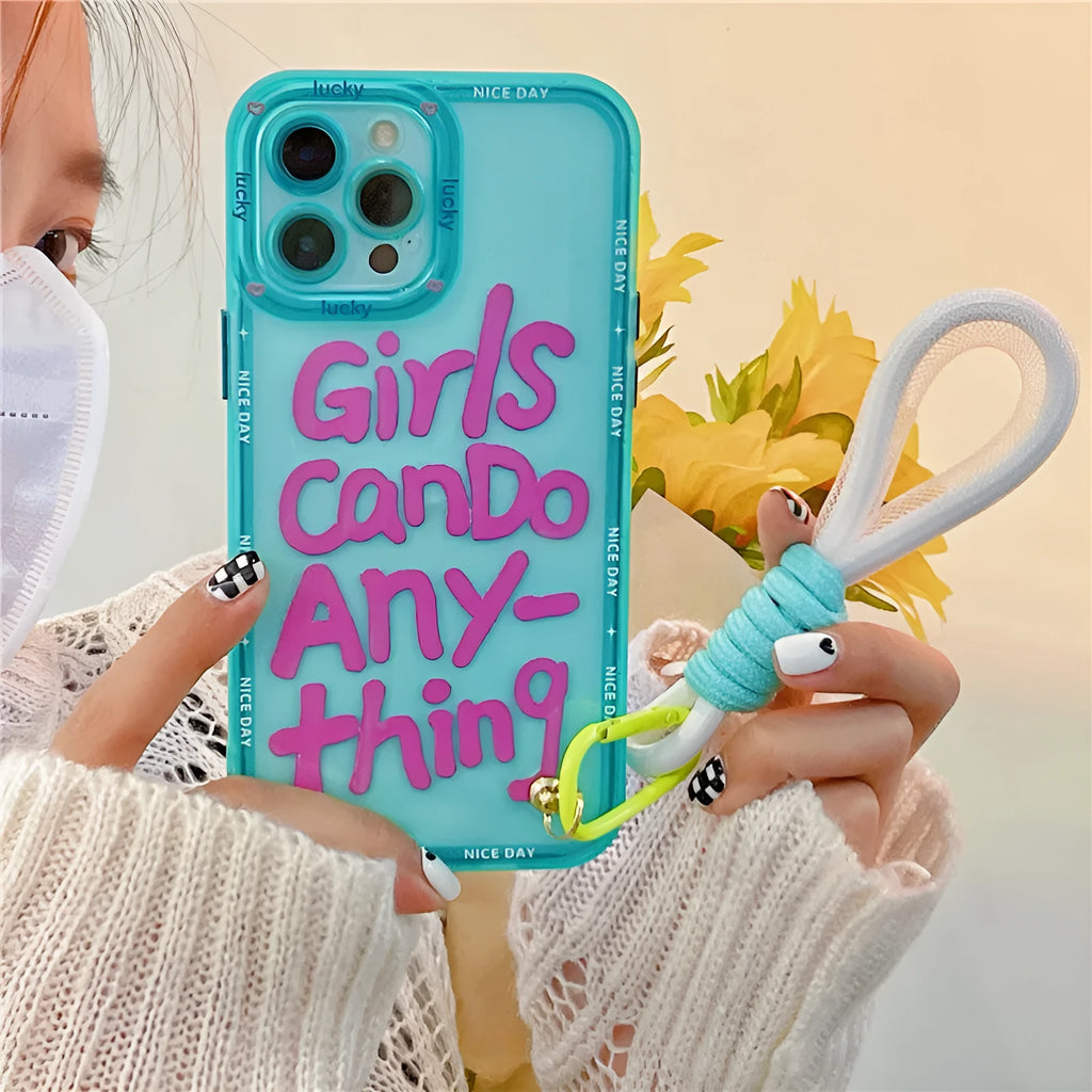 Mint green TPU iPhone case with hand-painted graffiti artwork and attached black lanyard