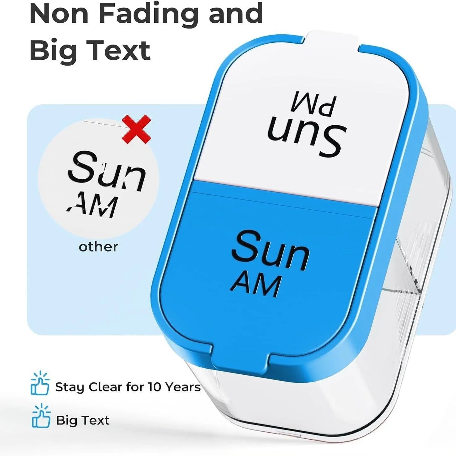 Amazon pill box dispenser showing 14 detachable compartments in rainbow colour with dimensions 327x65x49mm