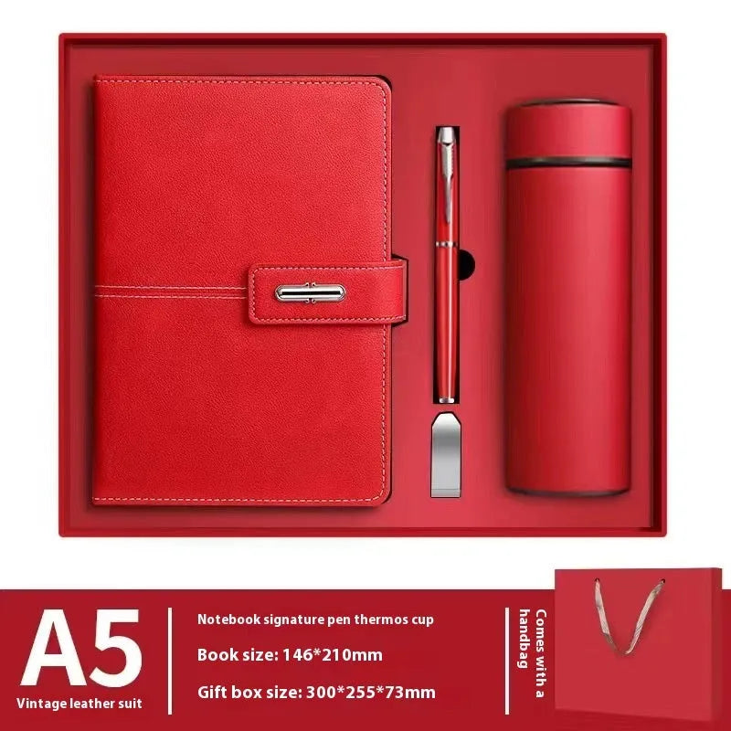 A5 notebook with imitation leather cover in multiple colour options including black, red, green, blue, and orange.