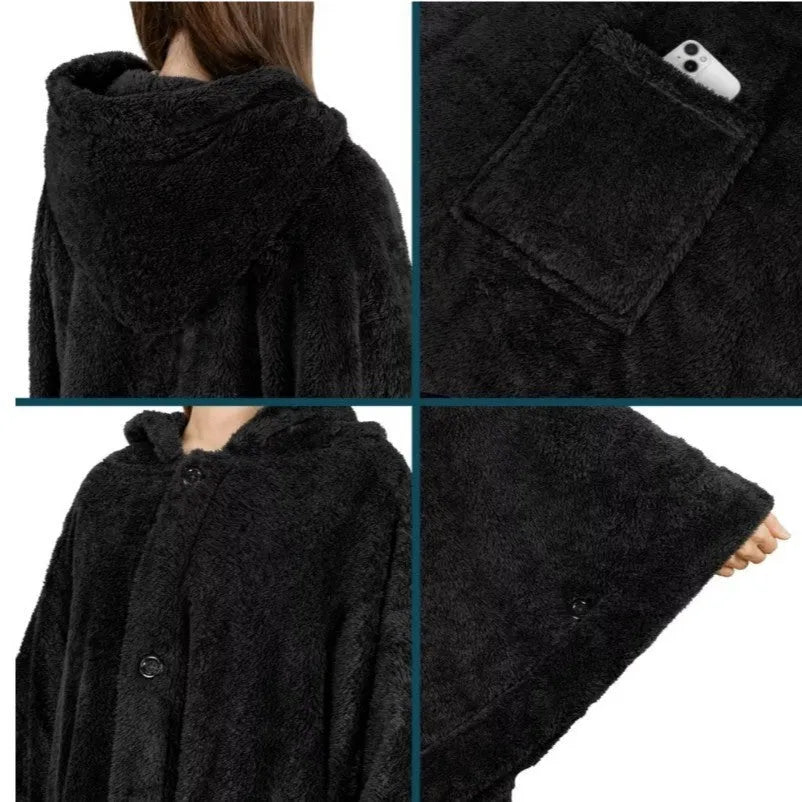 A thick, hooded long-sleeve polyester bathrobe cardigan in dark grey, shown on a hanger.