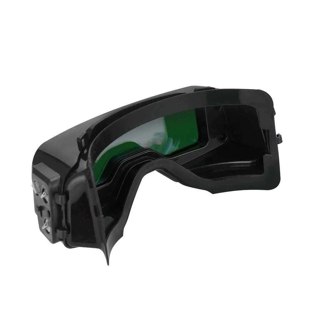 Black automatic darkening welding mask with a large rectangular LCD viewing lens.