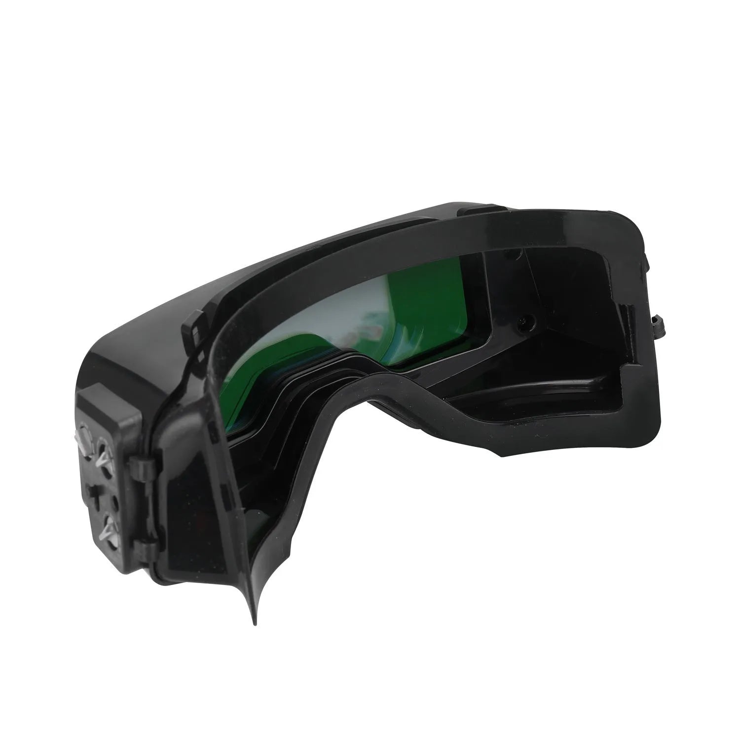 Black automatic darkening welding mask with a large rectangular LCD viewing lens.