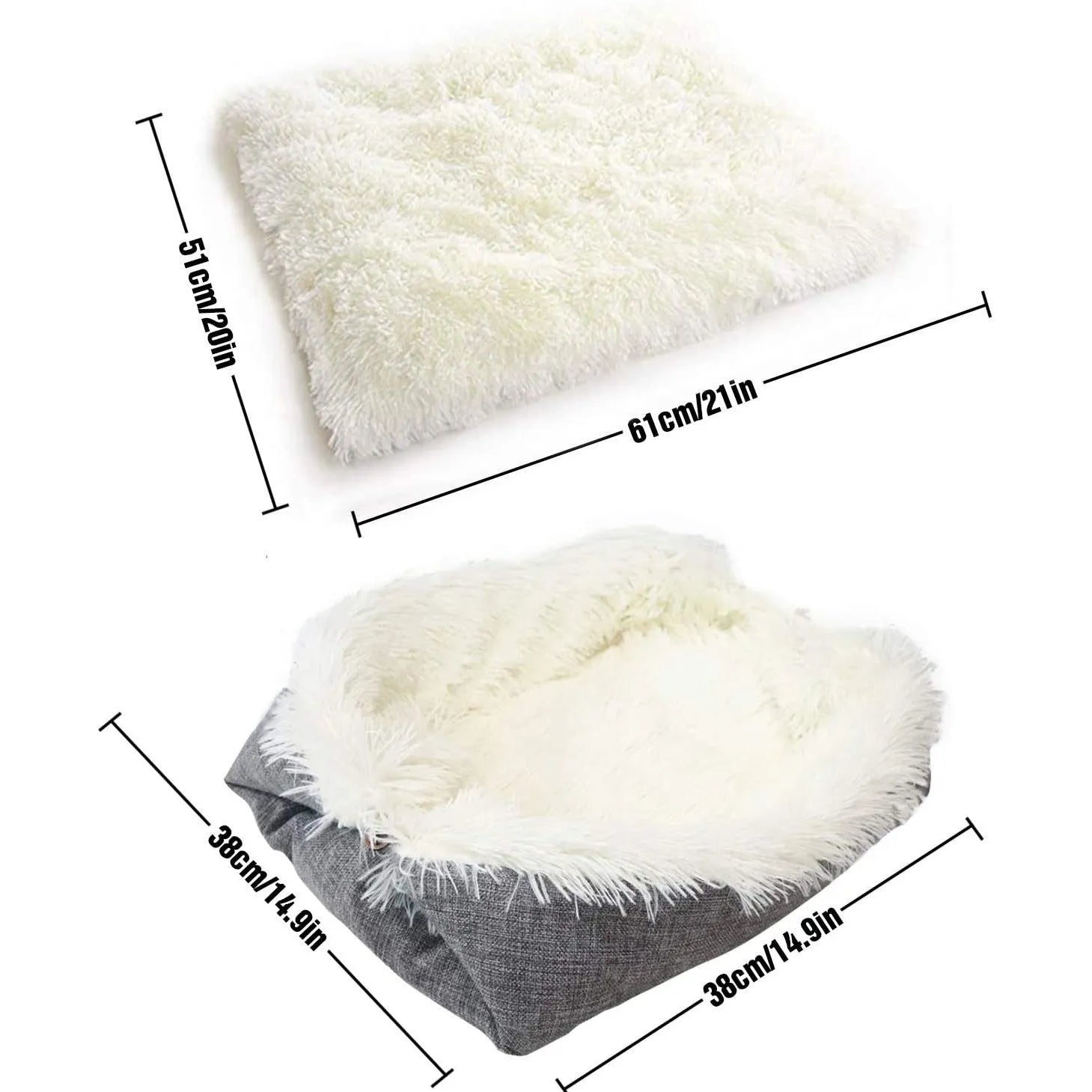 Grey and white long plush pet bed with black non-slip bottom particles