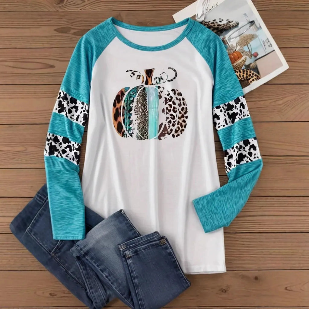 Sky blue long sleeve t-shirt with a large 3D digital printed Halloween pumpkin design on the front.