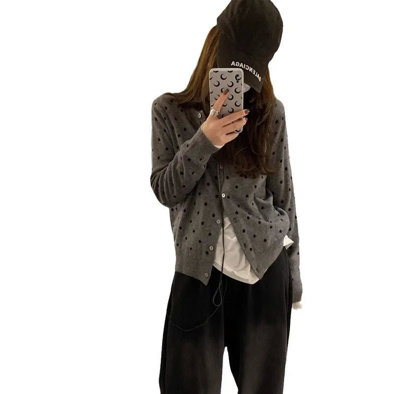 Gray dot knitted cardigan with crochet flower detail on woman, Korean style loose fit
