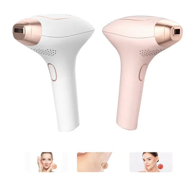 Pink and white laser hair removal device with ice-sensing technology and included accessories