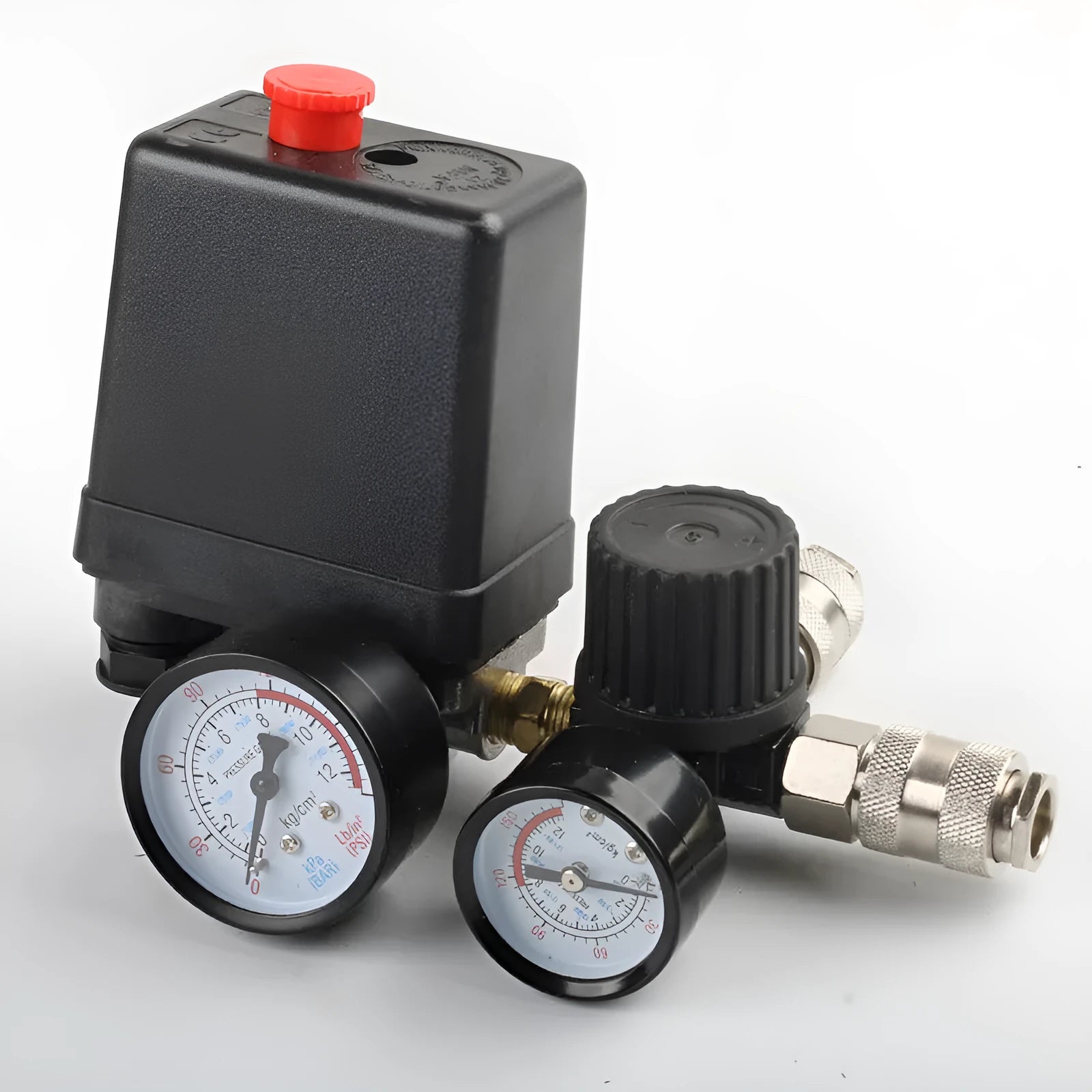 European style air compressor pressure switch with technical specifications printed on housing