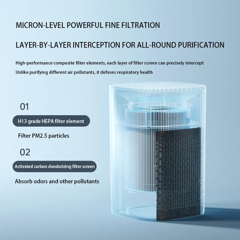 Simple style desktop air purifier with USB cable on a wooden desk