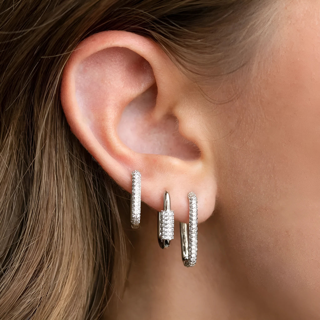 Three geometric zircon ear clips with square design in gold and white colour options