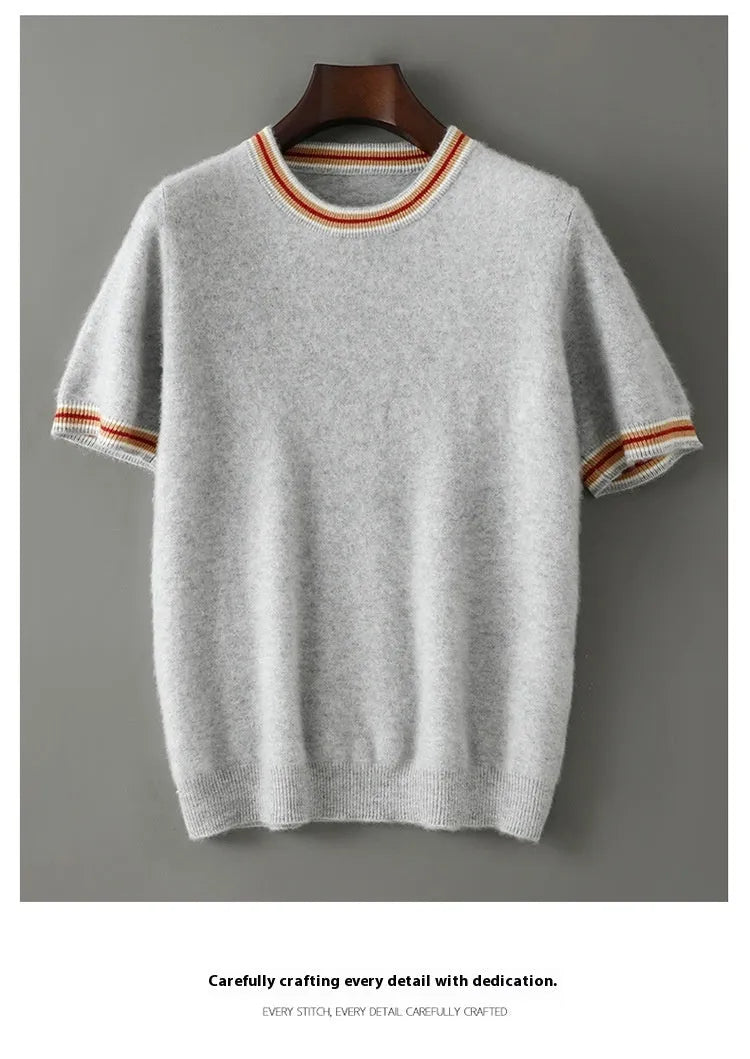 Men's pure wool short sleeve pullover sweater in round neck design shown in white, grey and black colours