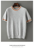Men's pure wool short sleeve pullover sweater in round neck design shown in white, grey and black colours