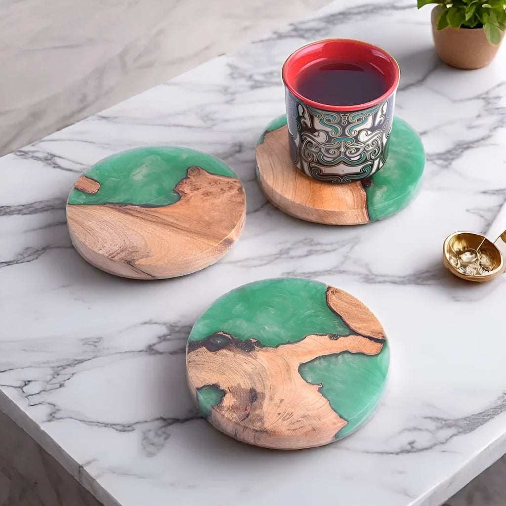 Nordic style wooden tea coaster with heat insulation resin in solid colour