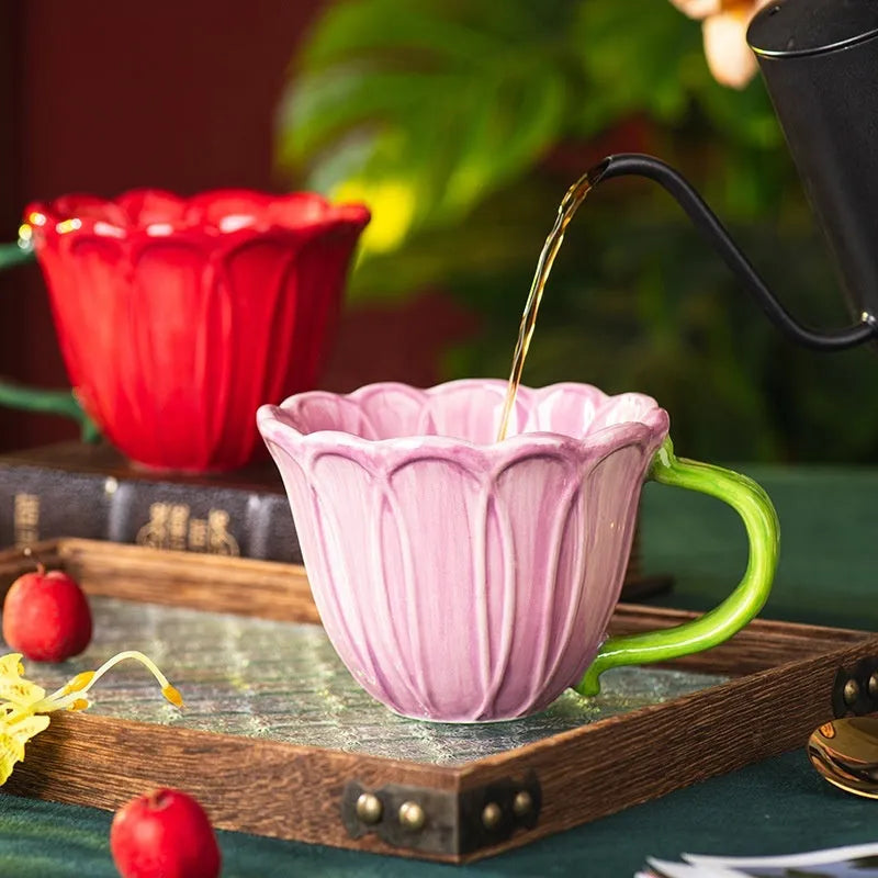 500ml ceramic breakfast cup with pastoral floral pattern and comfortable handle