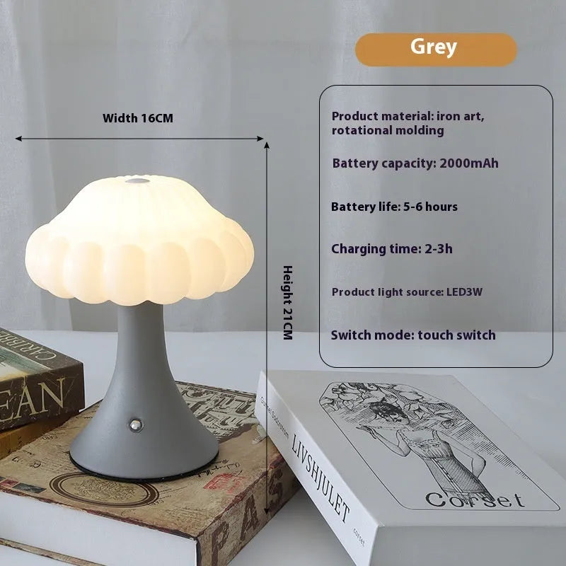 Mushroom-shaped night light with USB charging port and touch controls in five colour options