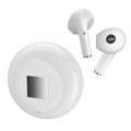 White Budz5 wireless Bluetooth earbuds with charging case, semi-in-ear design with noise reduction