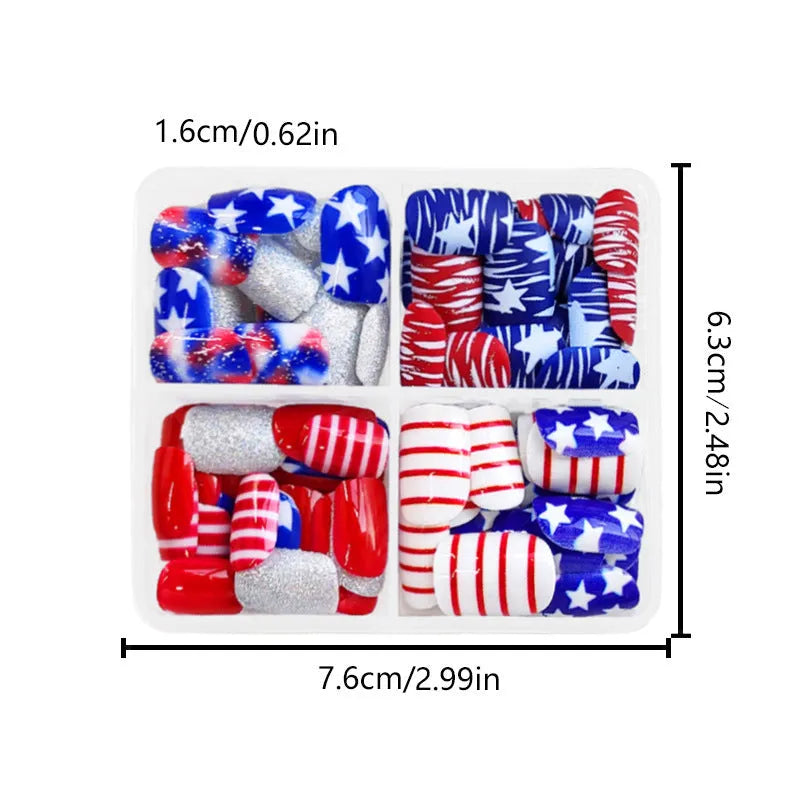 Red and blue glitter false nail tips with Independence Day theme in European Square shape