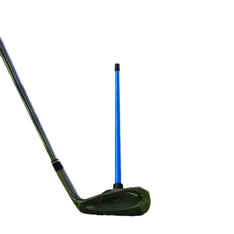Red and blue aluminium alloy golf swing trainer with magnetic alignment bar.