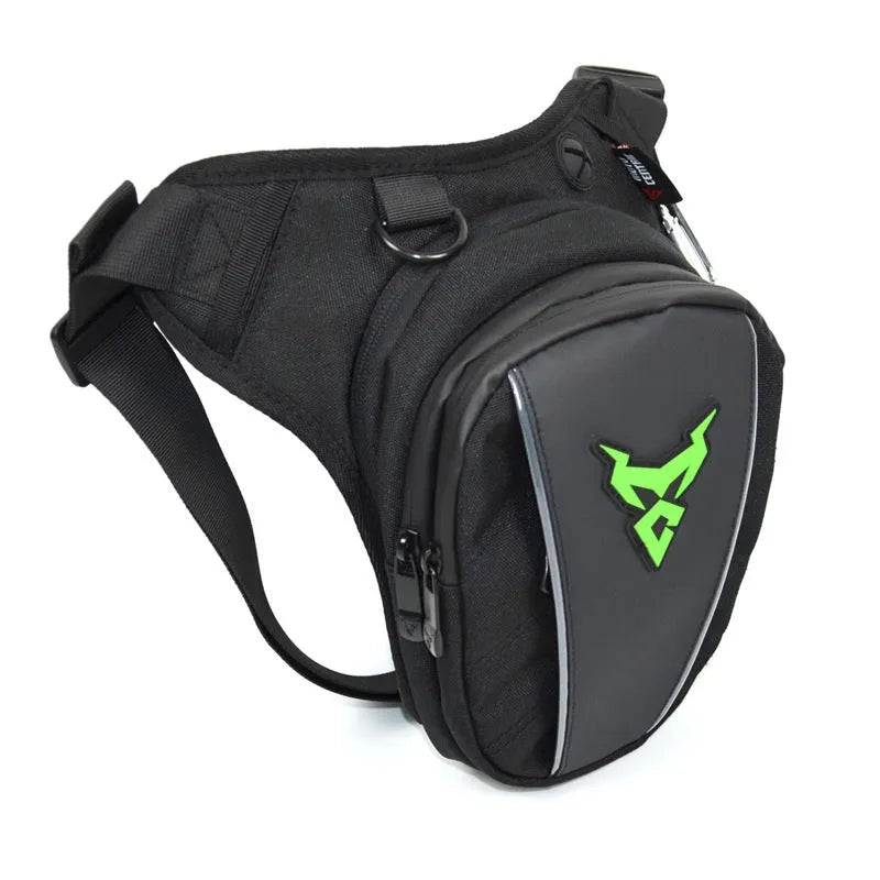 0105MC motorcycle riding leg bag in 1200D Oxford cloth shown in red, blue, green, and grey colour options.