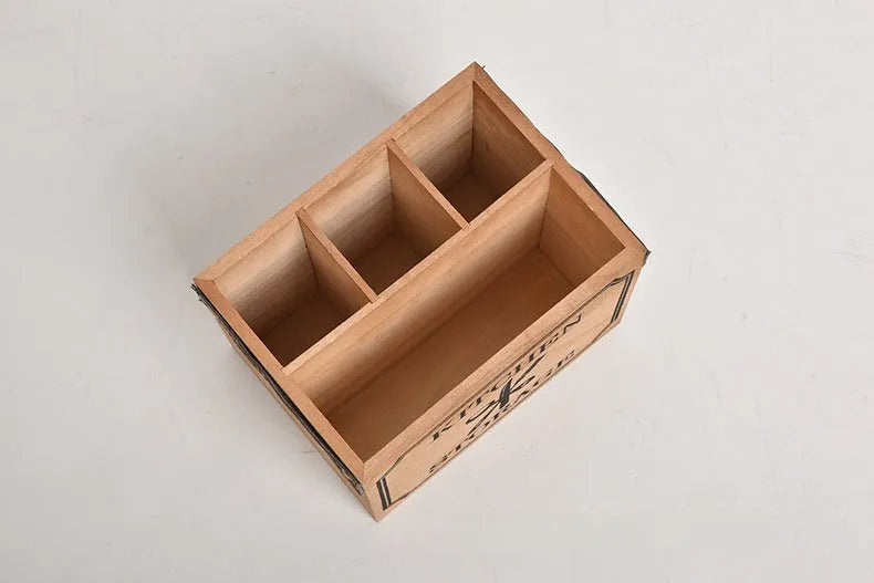 Wooden kitchen storage box for knives forks and chopsticks with internal grid compartments