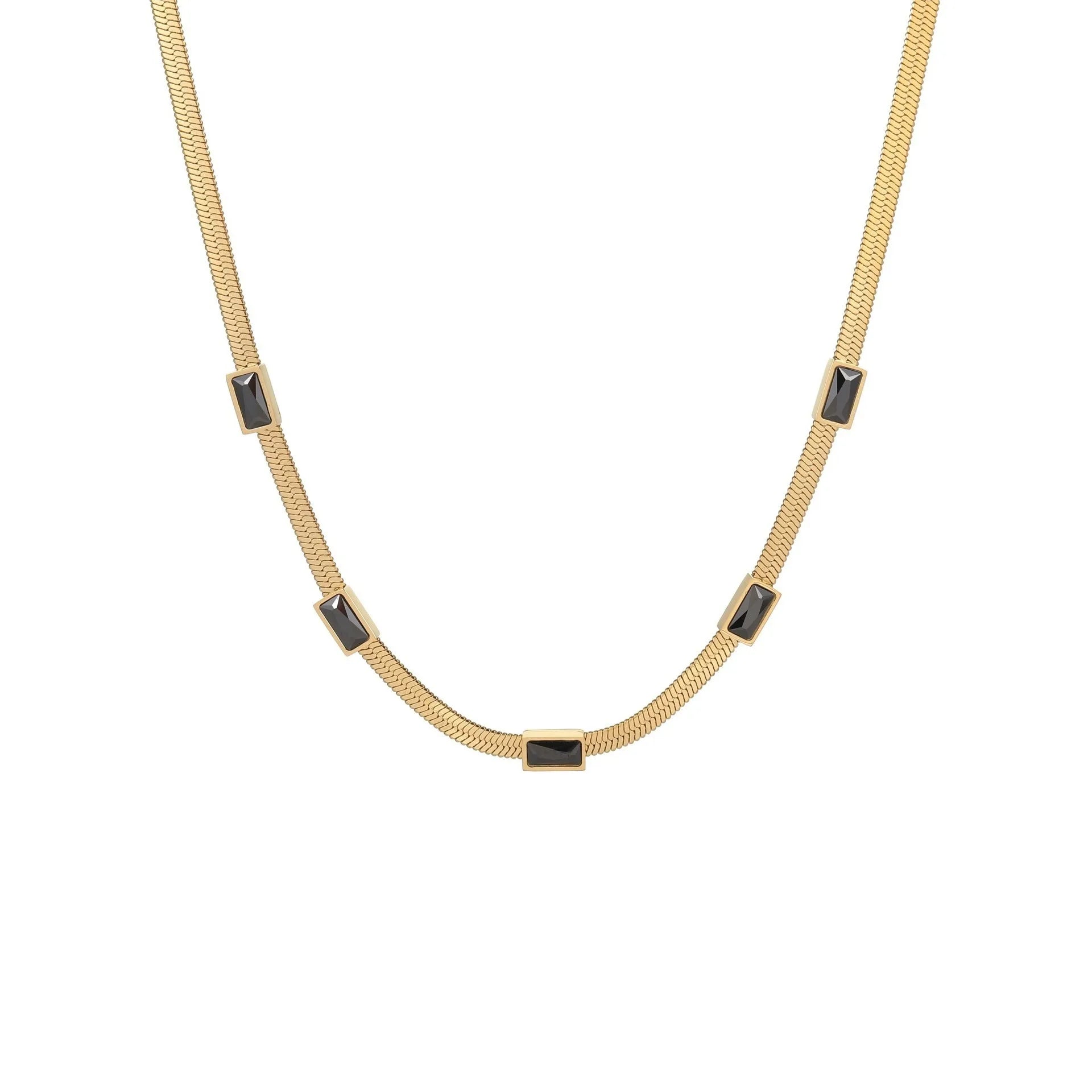 Geometric square zircon necklace on flat snake chain with gold or steel colour electroplated finish
