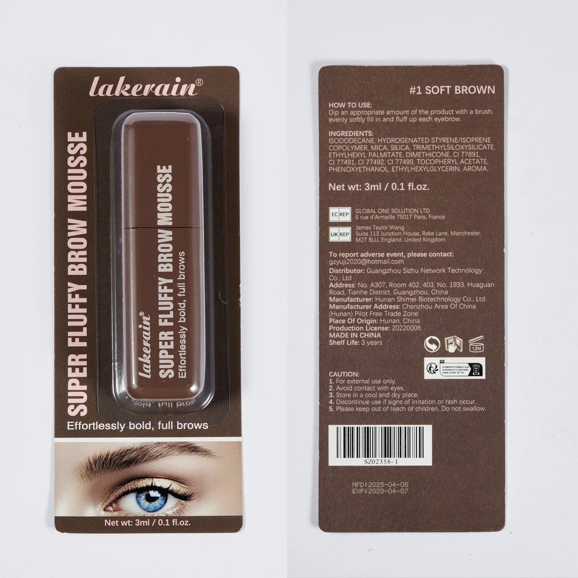 Eyebrow cream and powder in tube for creating three-dimensional, long-lasting brow shape in brown and black shades.