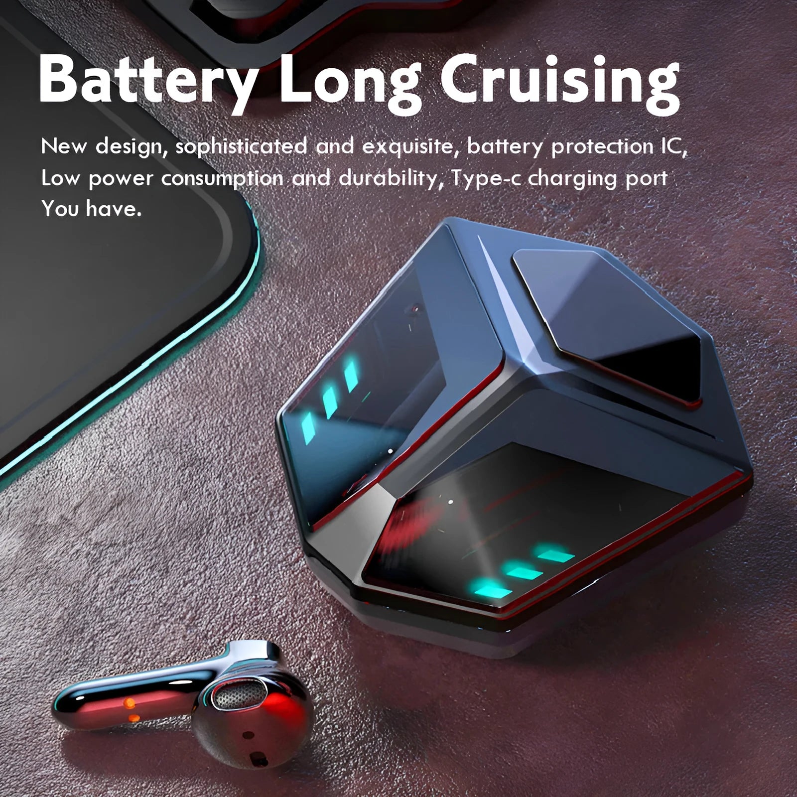 Wireless Bluetooth gaming headset with low latency on a grey background.