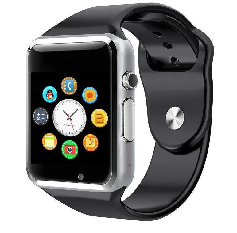 A1 Android smart watch with 1.54-inch screen, shown in available colours: black, silver, white, gold, pink, red, green, blue.