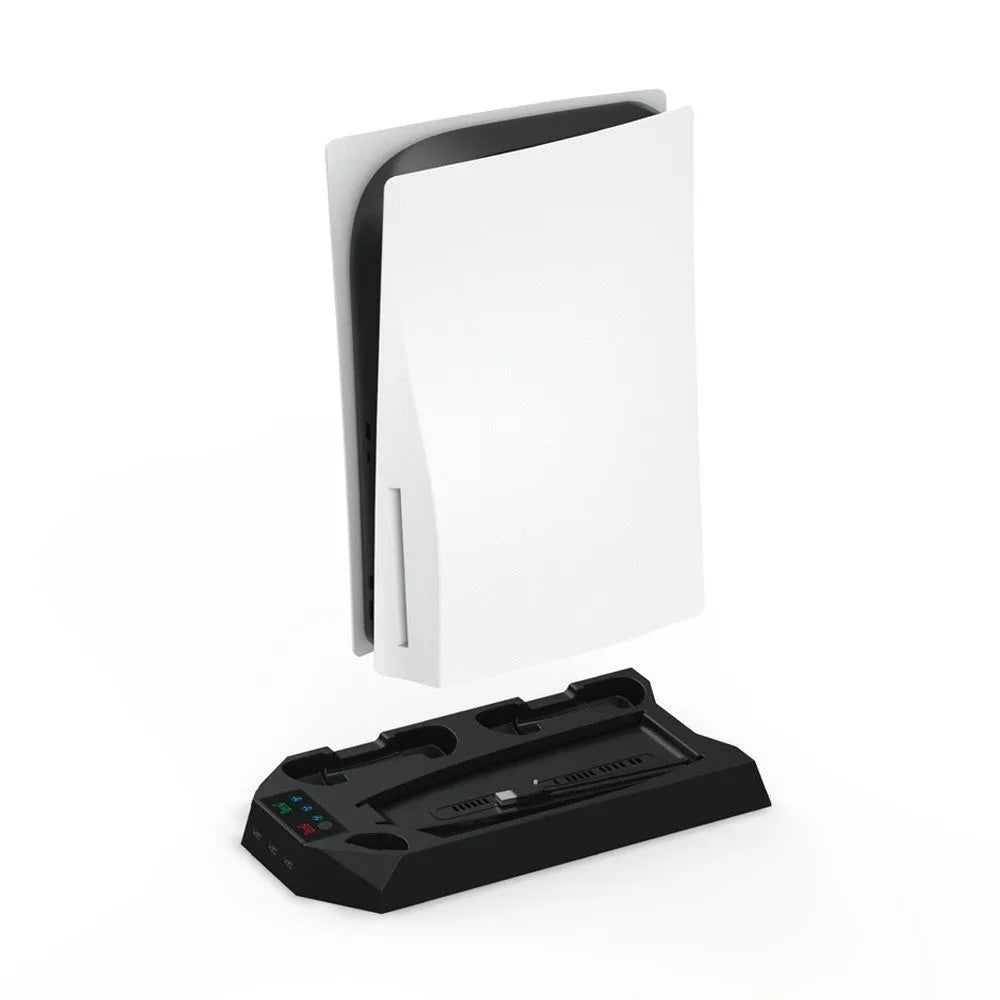 PS5 charging base radiator stand in black or white with USB port and earphone hook.