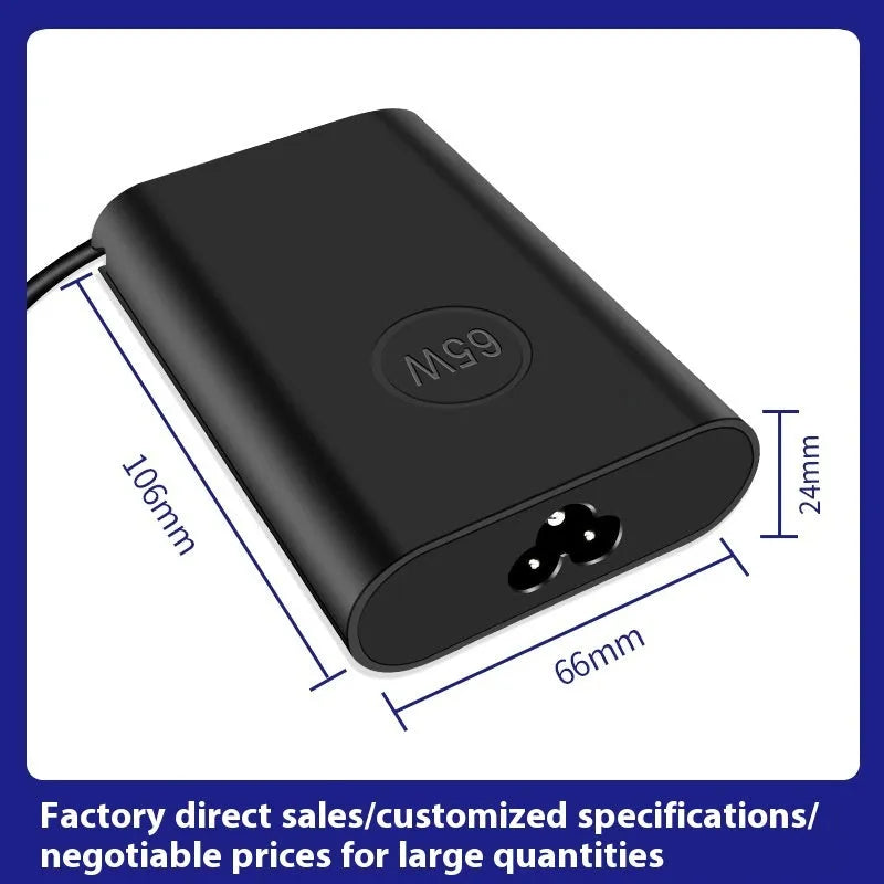 Black oval 65W USB-C laptop power adapter with Type-C port and multiple international power cords