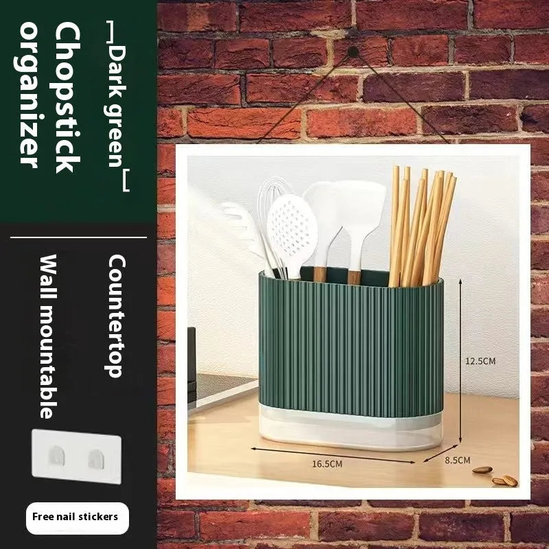 Plastic wall-mounted kitchen chopsticks basket with spoon holder and drain holes in beige colour