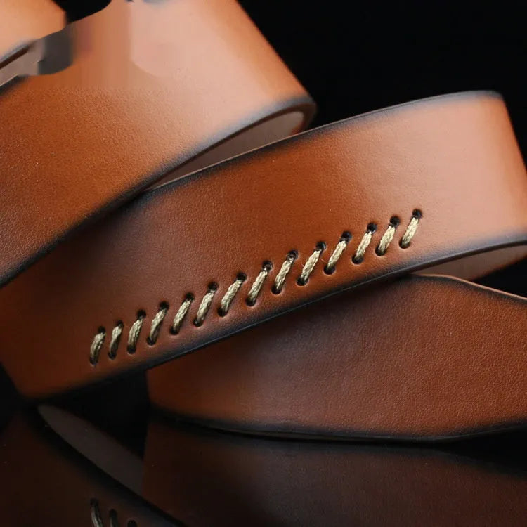 Men's casual belt with alloy pin buckle showing retro threading pattern detail