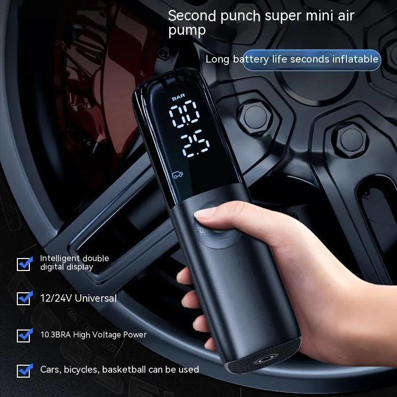 Black portable car tyre air pump with pressure gauge display and plug-in cable