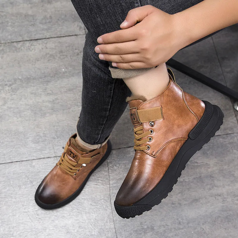 Black and brown high-top Martin platform boots with velvet artificial PU upper and rubber sole