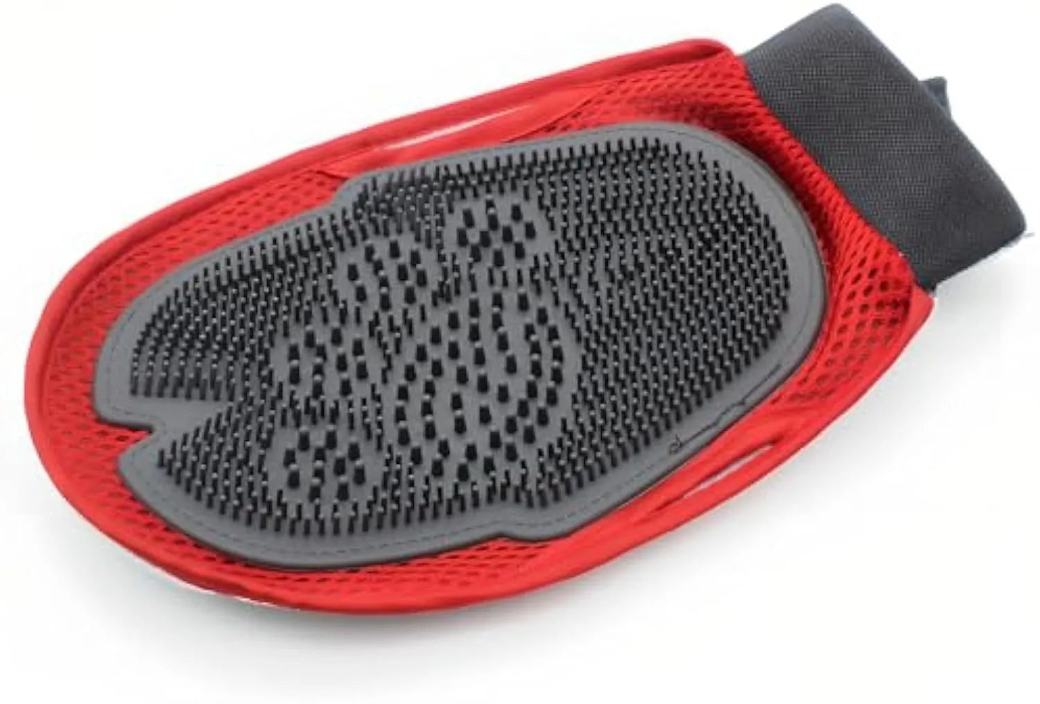 Red pet bathing and grooming glove with an integrated cleaning brush on the palm.