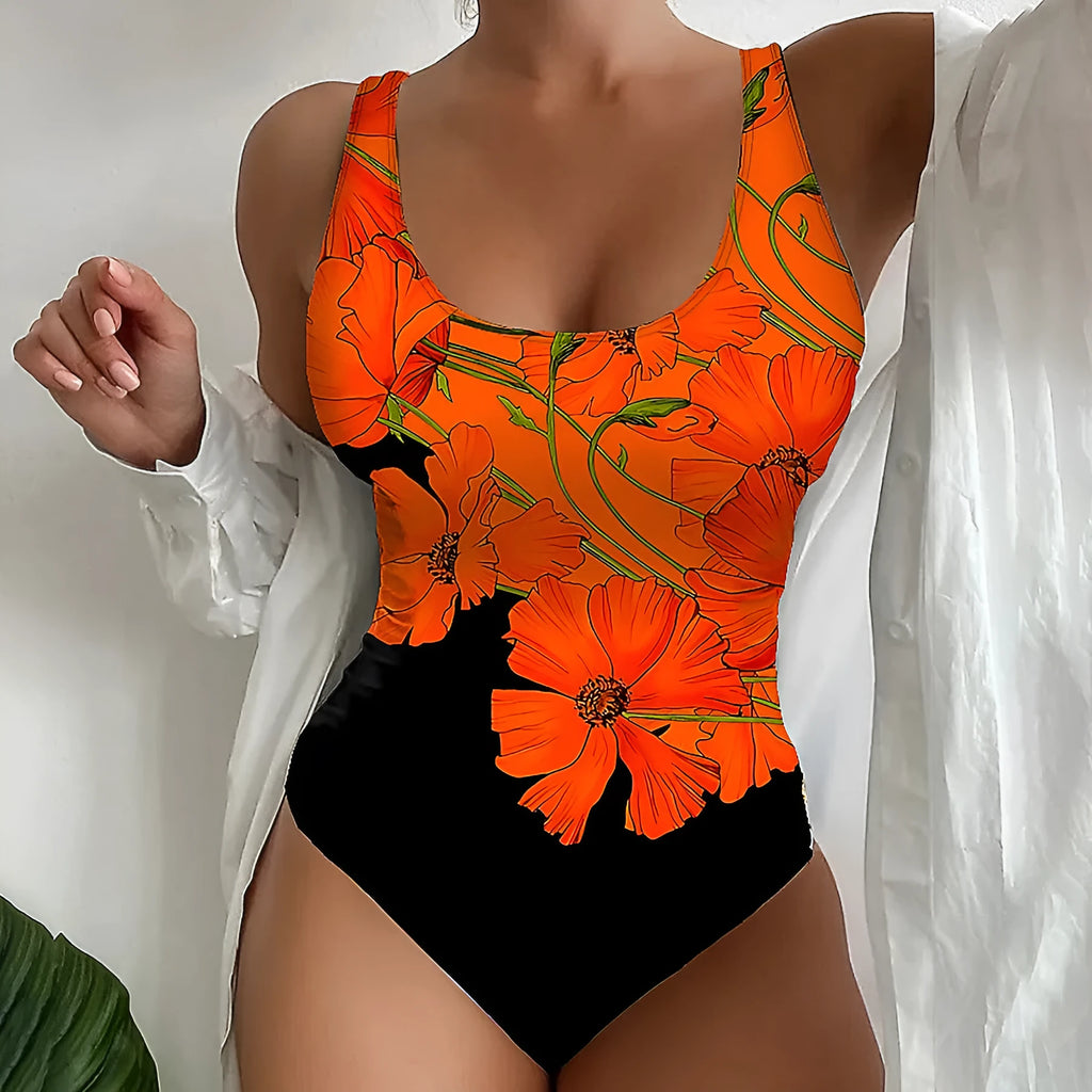 Orange floral print backless one-piece swimsuit with slim fit design