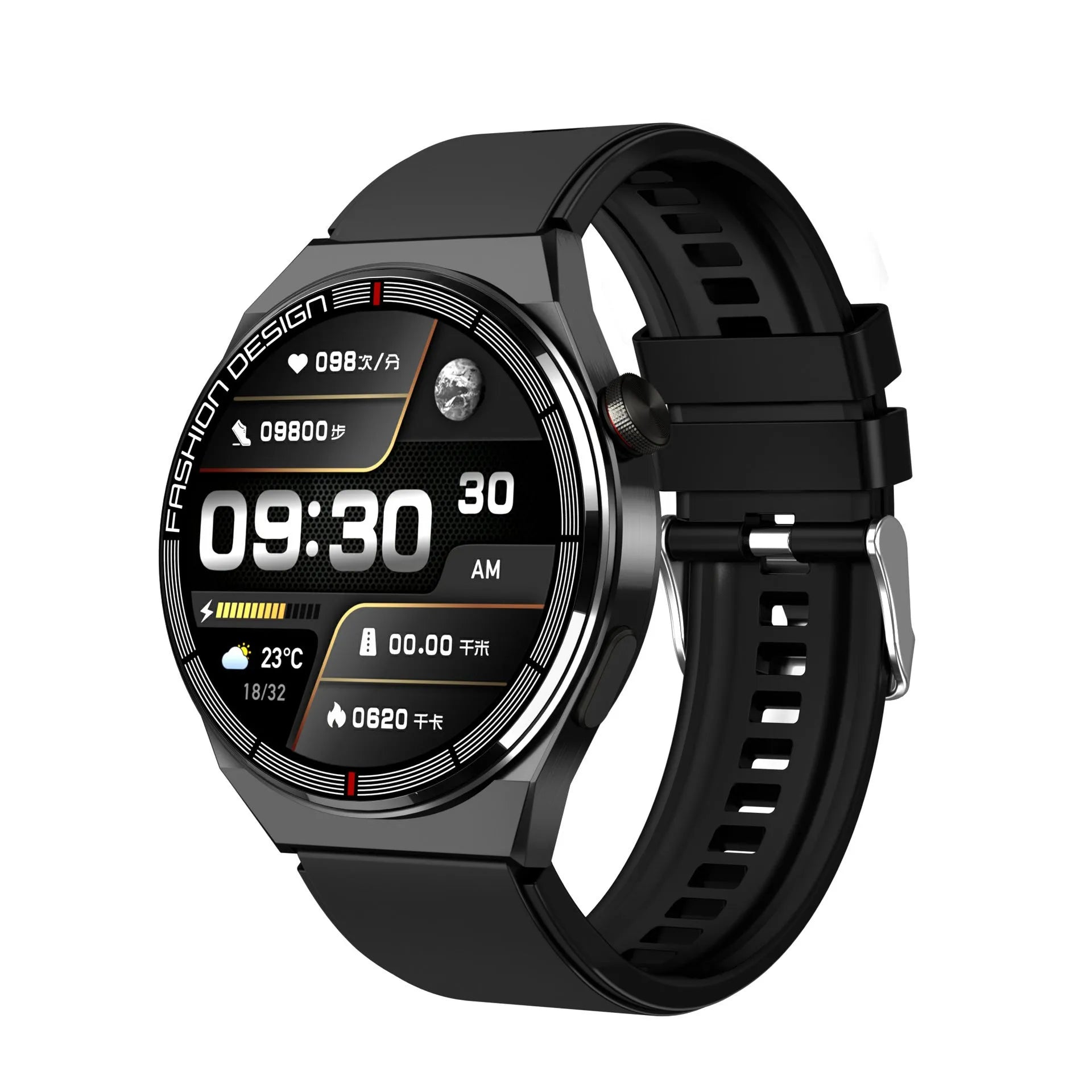 Black smartwatch with 1.28-inch screen on a silicone strap, showing heart rate and time display.