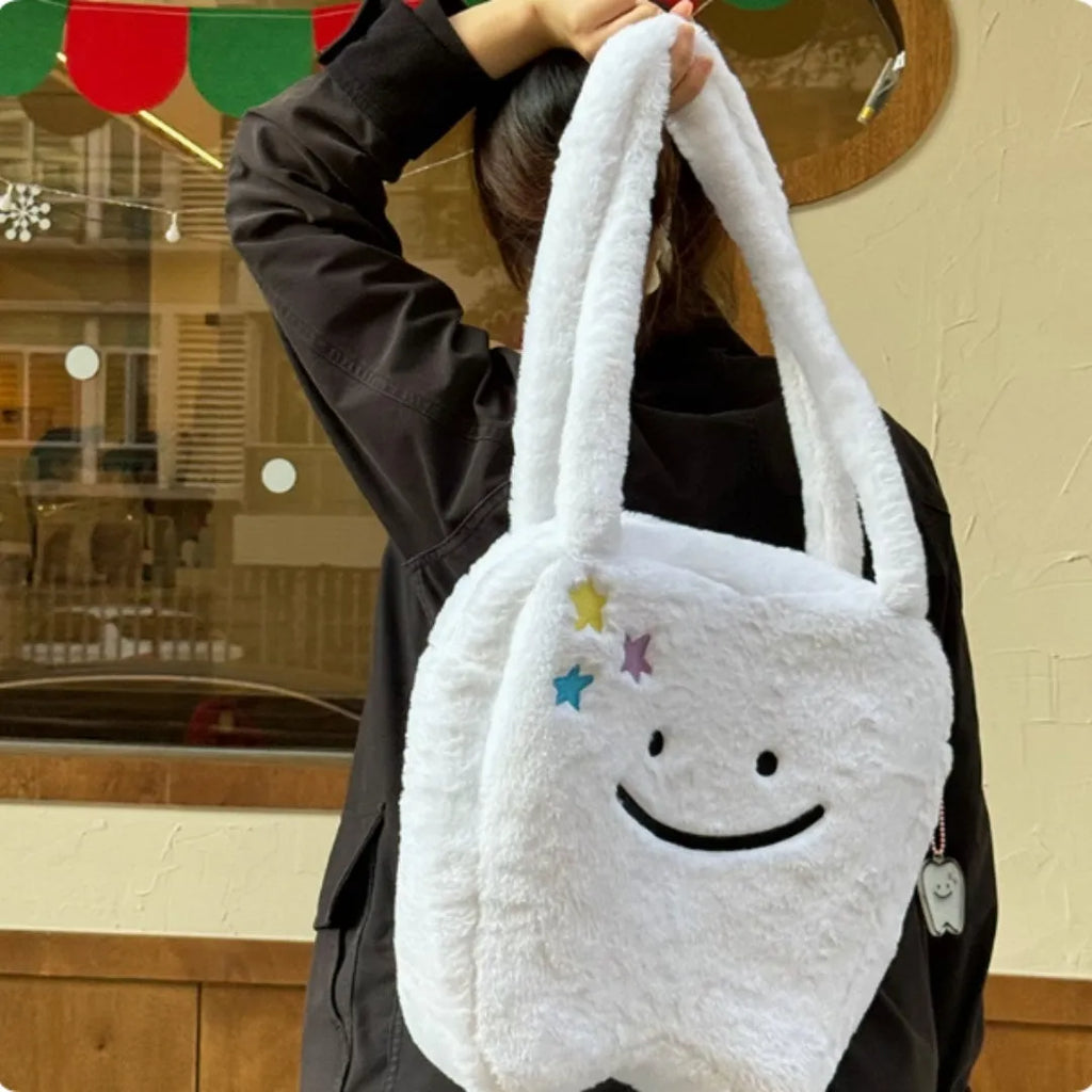 White plush shoulder tote bag with cute teeth pattern and zipper opening