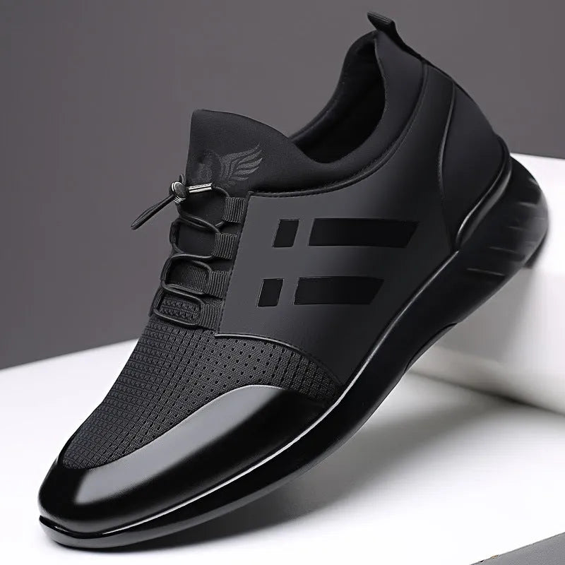 Men's black casual height increase shoes with round toe and chunky heel in leather, Lycra or mesh options