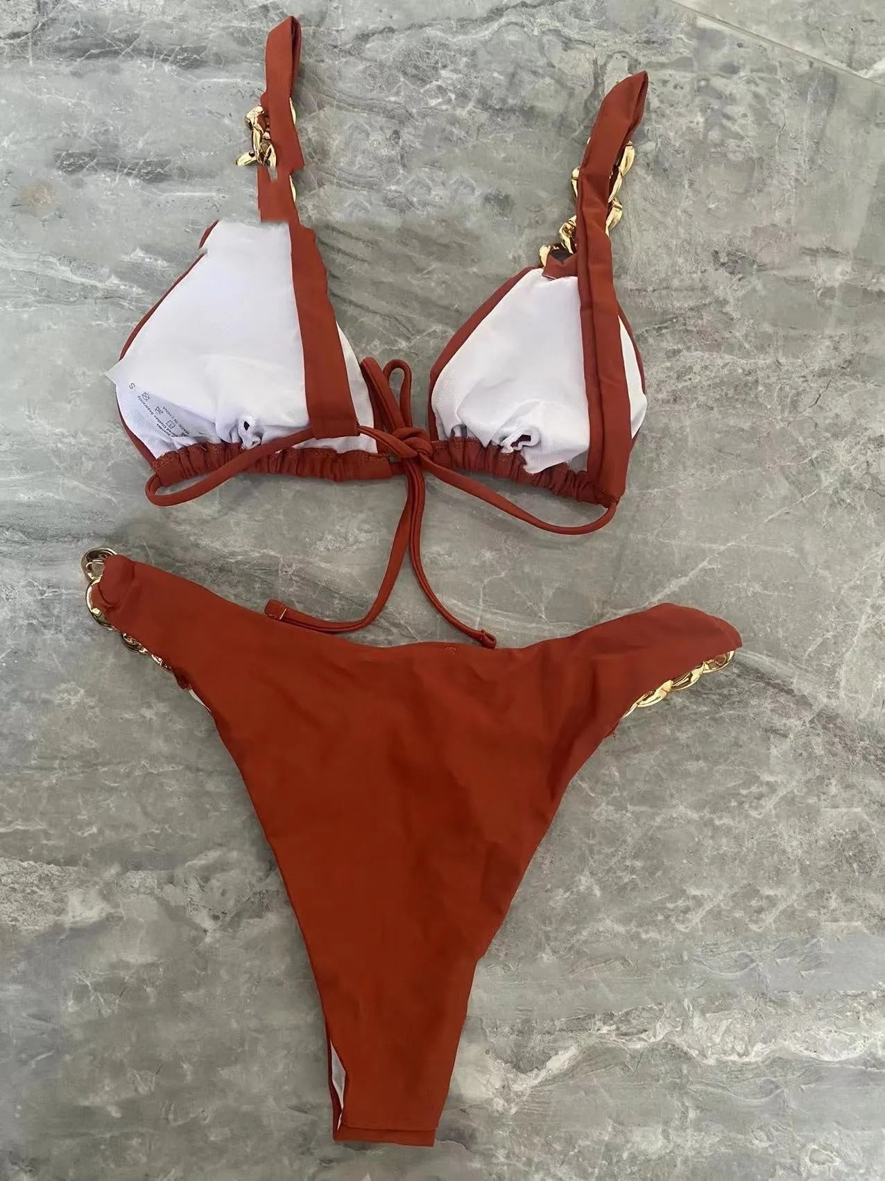 Brown women's tube-top push up bikini swimsuit with ring tether and split design