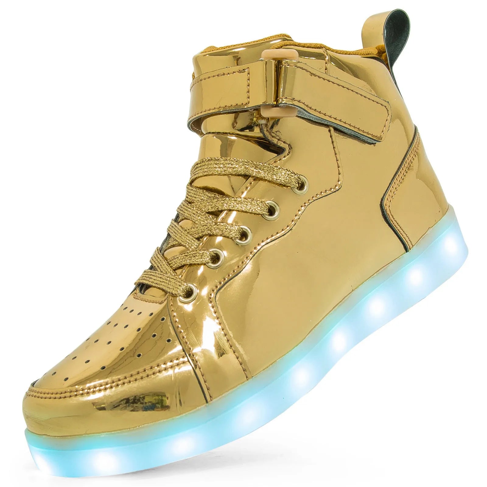 LED high-top board shoes with lights, Velcro fastening, in black gold or white colours