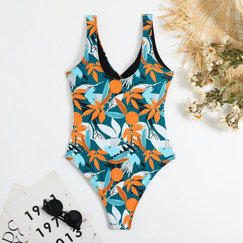 Women's high-waist one-piece swimsuit with printed pattern in quick-drying polyester fabric