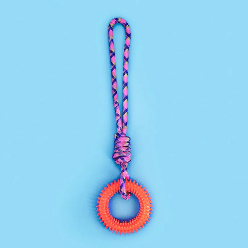 Blue, red, and rose red braided rope dog chew toy with knot design measuring 43cm long