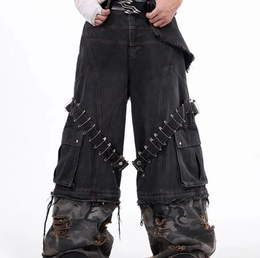 Men's grey cotton denim jeans with camouflage splicing pattern and ribbon detailing