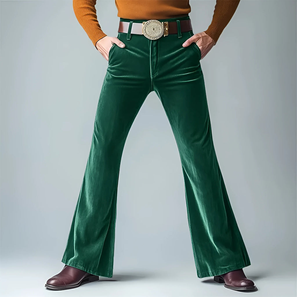 Men's gold velvet slim flared suit trousers in polyester blend fabric