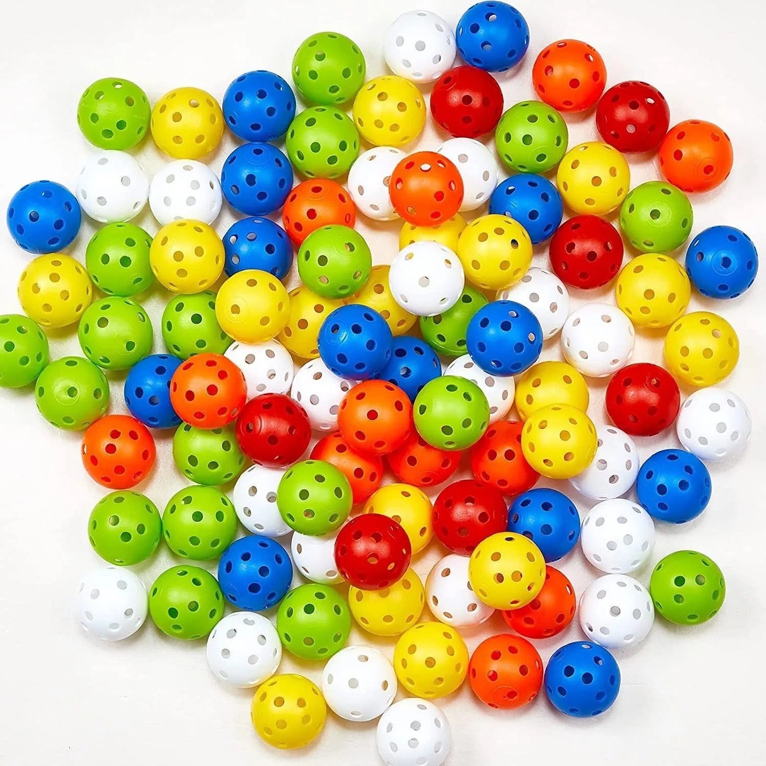 Six multi-colour 42mm golf practice balls including red, orange, blue, green, white, and yellow options