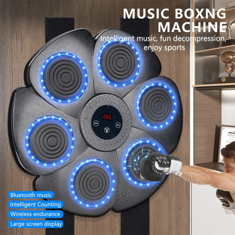 Black smart boxing target with lights and half-finger gloves for indoor teenage training