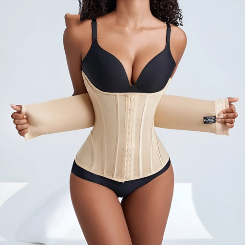 Nylon belly band for waist training in black or apricot colour with belt tie.
